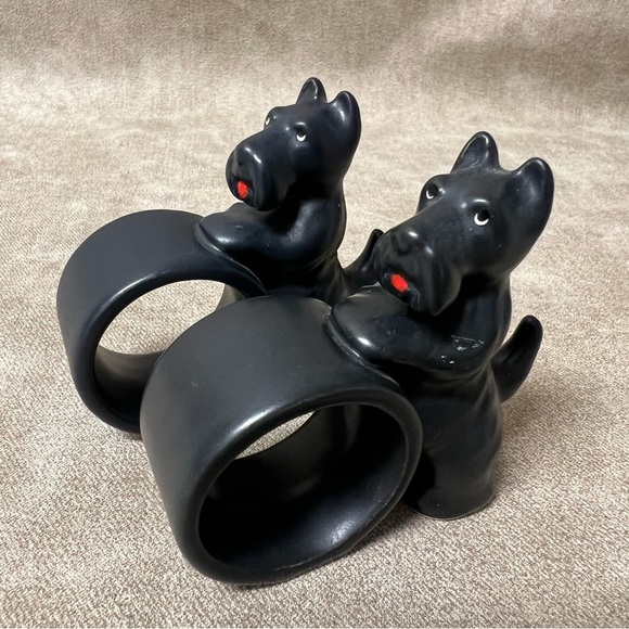Set 2 Dept 56 Black Scottie Dog Scottish Terrier red ribbon Napkin Rings Japan - Picture 1 of 8